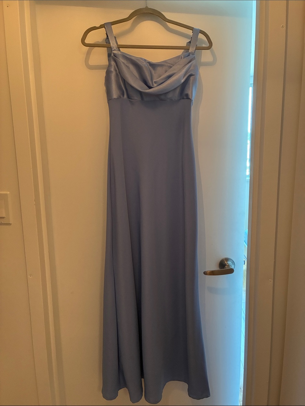 Elegant Light Blue Satin Cowl Neck Evening Dress